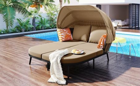 TOPMAX 74.8" L Patio Daybed with Retractable Canopy, Outdoor Rattan PE Wicker Back Loveseat Sofa Set with Throw Pillows and Cushions for Backyard