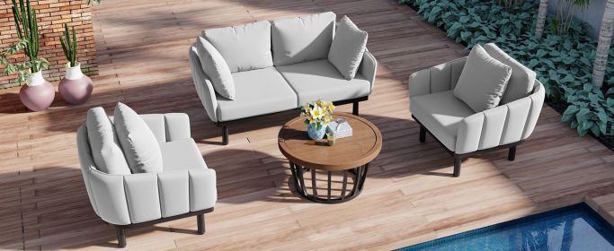 TOPMAX Luxury Modern 4-Piece Outdoor Iron Frame Conversation Set, Patio Chat Set with Acacia Wood Round Coffee Table for Backyard, Deck, Poolside
