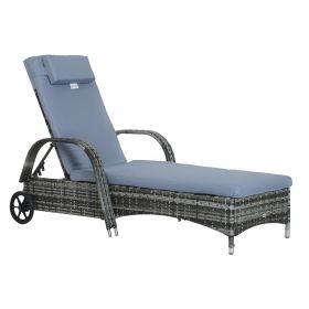 Outsunny Wicker Outdoor Chaise Lounge, 5-Level Adjustable Backrest PE Rattan Pool Lounge Chair with Wheels, Cushion & Headrest, Mixed Gray and Gray