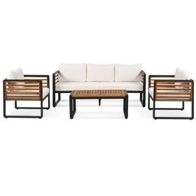 GO Large Size 4-pieces Outdoor Furniture sofa for 5 Person Conversation Set, Garden Sofa Set With Removable Cushion, Metal And Wood Frame Sofa set