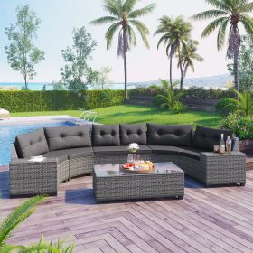 GO 8-pieces Outdoor Wicker Round Sofa Set, Half-Moon Sectional Sets All Weather, Curved Sofa Set With Rectangular Coffee Table