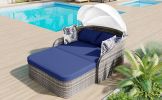 GO 79.9" Outdoor Sunbed with Adjustable Canopy, Daybed With Pillows, Double lounge, PE Rattan Daybed, Gray Wicker And Blue Cushion