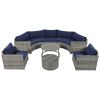 GO 9-Pieces Outdoor Half-moon Patio Sofa Set, Round Sofa Set, Modern Style Sofa, Gray Wicker, Blue Cushion