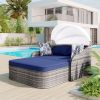 GO 79.9" Outdoor Sunbed with Adjustable Canopy, Daybed With Pillows, Double lounge, PE Rattan Daybed, Gray Wicker And Blue Cushion
