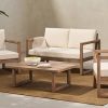 Outdoor Acacia Wood Loveseat and Coffee Table Set with Cushions, Brown Wash, Beige