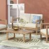 Outdoor Acacia Wood Loveseat and Coffee Table Set with Cushions, Brown Wash, Beige
