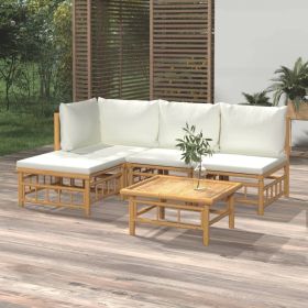 5 Piece Patio Lounge Set with Cream White Cushions Bamboo (Color: brown)