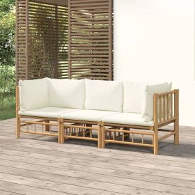 3 Piece Patio Lounge Set with Cream White Cushions Bamboo (Color: brown)