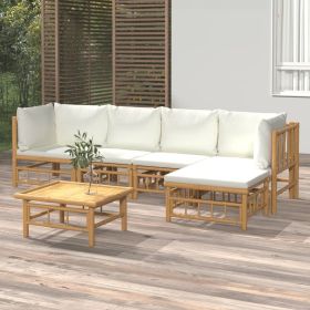 6 Piece Patio Lounge Set with Cream White Cushions Bamboo (Color: brown)