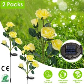 2Pcs Solar Powered Lights Outdoor Rose Flower LED Decorative Lamp Water Resistant Pathway Stake Lights (Color: yellow)