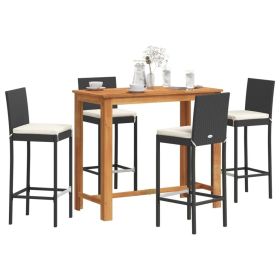 5 Piece Patio Bar Set Black Solid Wood Acacia and Poly Rattan (Color: Black)