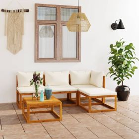 5 Piece Patio Lounge Set with Cushion Cream Solid Acacia Wood (Color: Cream)
