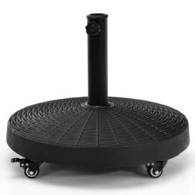 50 LBS Patio Wicker Style Resin Umbrella Base Stand Heavy Duty with Wheels (Color: Black)
