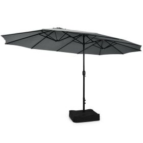 15 Feet Double-Sided Twin Patio Umbrella with Crank and Base (Color: Gray)