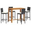 5 Piece Patio Bar Set Black Solid Wood Acacia and Poly Rattan